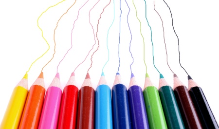 A metaphorical image of random scribbled lines by a team of colorful pencils, on a white surface.の写真素材