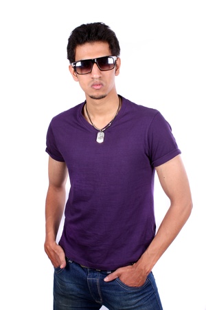 A portrait of a young Indian stylish guy, on white studio background の写真素材