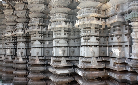 A view of the architecture of the pillars of an ancient Indian temple 