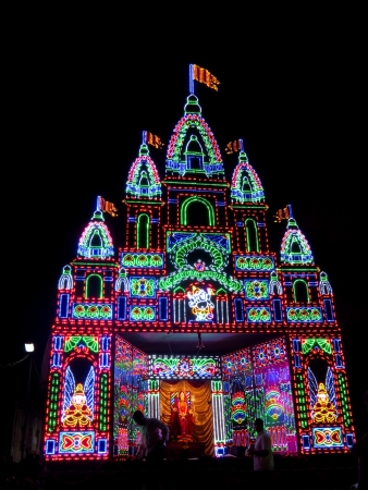 A beautiful goddess temple decorated with colorful lights on the occassion of Dussehra festival in India のeditorial素材