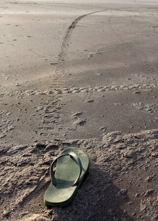 A metaphorical image of a lone flip flop with a long sand track ahead of it の写真素材
