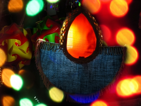 A unique lantern traditionally designed in the shape of a lamp, in the cultural decoration of Diwali festival in India.の写真素材