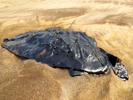 A patch of oil spill on the sands on a beach, a disaster ruining our environment by pollution in...