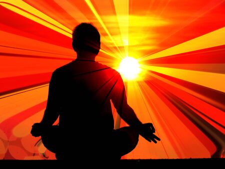 A metaphorical image depicting a meditating man attaining enlightenment with energies falling on him.の写真素材