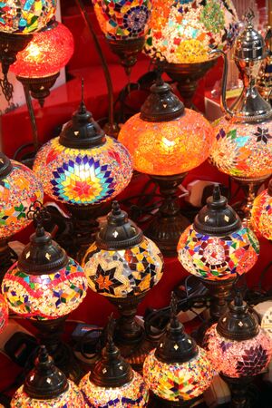 Beautiful traditional lamps hand painted painted with bright colors in traditional Arabic design.の写真素材
