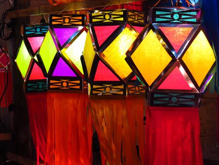 Beautiful colorful traditional lanterns put for decoration during Diwali celebration in India.の写真素材