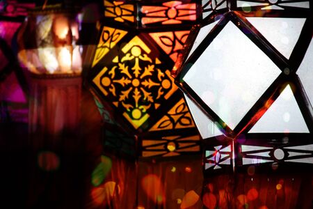 Traditional Diwali Lanters with blurred decorative lights, on the festive occasion of Diwaliの写真素材