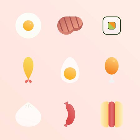 Set of Food, Fried egg, Steak, Sushi, Tempura, Egg, Fried chicken, Chinese bun, Sausage, Hot dog bun. Food Set in Flat Design Style Vector.のイラスト素材