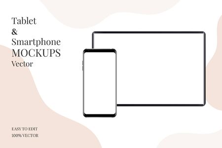 Realistic tablet and smartphone isolated on white background. Blank smartphone and tablet mockup set. Vector mockup.のイラスト素材