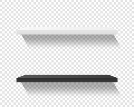 Product shelves isolated on transparent background. Black and white shop shelf mockup. Vector illustration.のイラスト素材