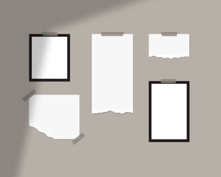 Mood board mockup template. Empty sheets of white paper on the wall with shadow overlay. Mockup vector isolated. Template design. Realistic vector illustration.のイラスト素材