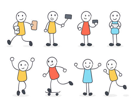 Set of cartoon doodle figure. Cartoon figure sticks holding up blank boards. Vector illustration.
