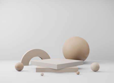 Abstract minimal scene with geometrical forms. Empty podium display on minimal background. Design for product presentation. 3D rendering.の写真素材