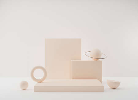 Abstract minimal scene with geometrical forms. Empty podium display on minimal background. Design for product presentation. 3D rendering.の写真素材