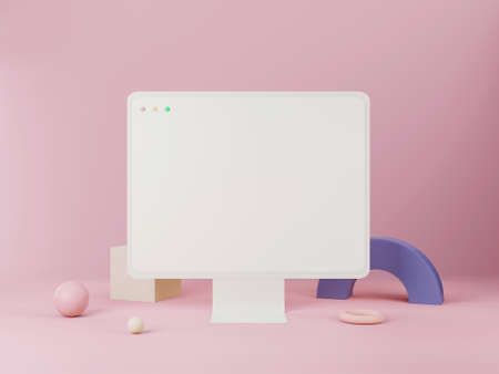 Desktop computer with geometric shape on minimal background. 3D rendering.