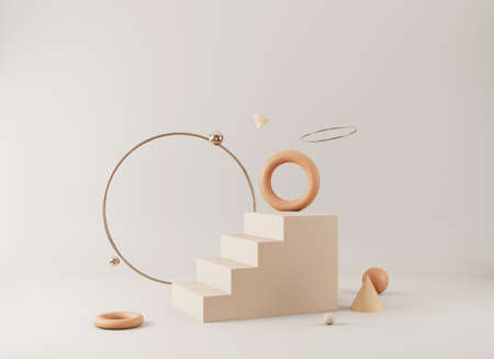 Abstract minimal scene with geometrical forms. Empty podium display on minimal background. Design...