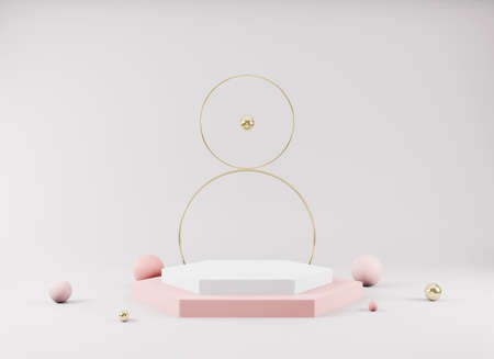 Abstract minimal scene with geometrical forms. Empty podium display on minimal background. Design for product presentation. 3D rendering.の写真素材
