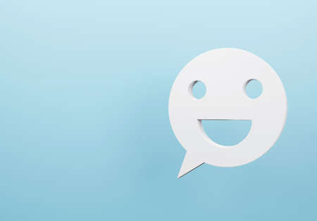 3d happy emoji icon. Happy smile speech bubble on blue background. 3d rendering.の写真素材