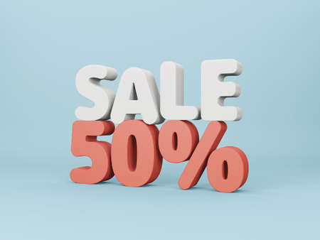Sale 50%. 3d text on blue background. 3d rendering.