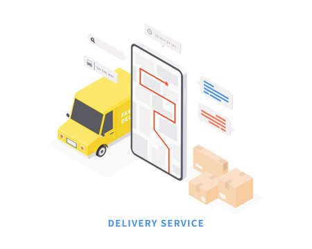 Delivery service on mobile application. Transportation delivery by van. Vector isometric with smartphone, van, map, parcels, map tracking. Vector illustration.のイラスト素材