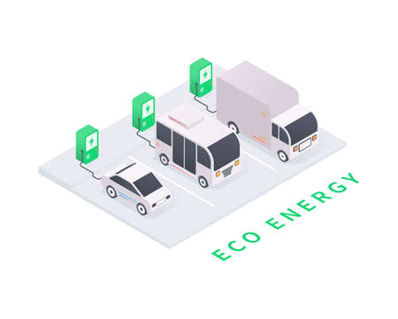 Eco energy and eco transport concept. Electric vehicle charging station with car, bus, truck. Green energy in isometric vector illustration.のイラスト素材