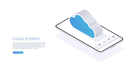 Cloud storage concept in isometric vector illustration. Digital service or app with data transfering. Digital server, database and cloud computing service. Vector illustration.のイラスト素材
