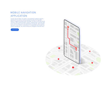 Mobile navigation application in isometric vector illustration. City isometric plan with buildings, road, gps tracking on smartphone. Map on mobile application. Vector illustration.のイラスト素材