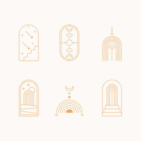 Minimal boho linear symbols. Set of celestial mystic element. Vector line art illustration.のイラスト素材