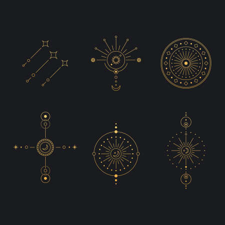 Set of moon and sun line art. Minimal boho linear symbols. Celestial mystic element. Vector line art illustration.のイラスト素材