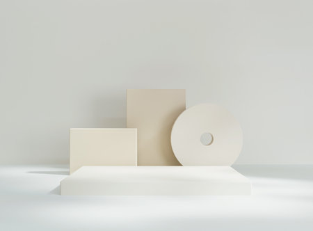 Empty cylinder podium on minimal background. Abstract minimal scene with geometrical forms. Design for product presentation. 3D rendering.の写真素材