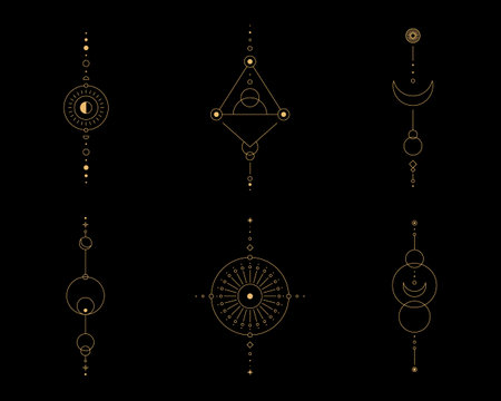 Set of moon and sun line art. Minimal boho linear symbols. Celestial mystic element. Vector line art illustration.のイラスト素材