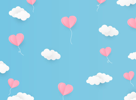 Valentine Day background with heart flying elements. Valentine day heart in paper cut style. Vector illustration.のイラスト素材