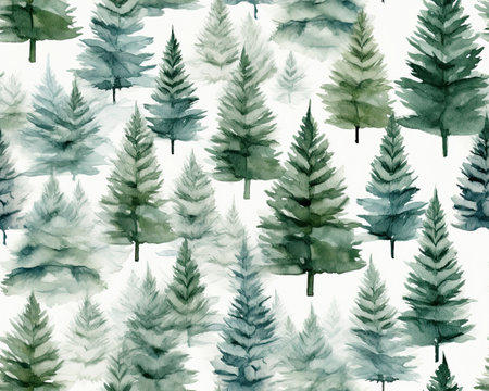 Watercolor Winter Trees Pattern. Elegant Seasonal Background for Holiday Decor and Christmas Cards.の素材