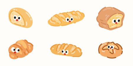 Cute cartoon kawaii bread. Cartoon doodle illustration set. Vector illustration in cartoon style.のイラスト素材