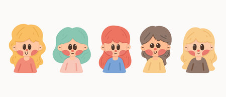 Set of cute cartoon girls with different hairstyles. Vector illustration.のイラスト素材