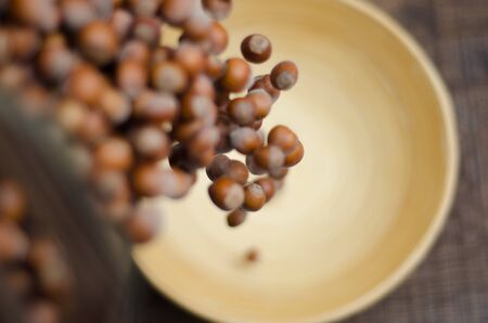 Hazelnuts caught in motion tumbling into Bamboo bowlの写真素材