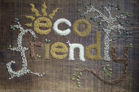 The phrase 'Eco Friendly', decoratively written and  in sesame seeds, sunflower seeds, flax seeds, alfafa seeds, fenugreek seeds and pumpkin seeds, on a dark wooden surface.の写真素材