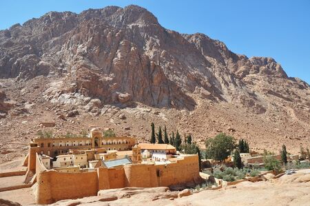 Beautiful Mountain cloister landscape in the oasis desert valley. Saint Catherine's Monastery in Sinai Peninsula, Egyptの写真素材