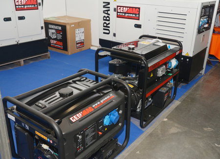 KYIV, UKRAINE - November 15, 2018: Mobile power backup generators  for sale in the market. Portable...