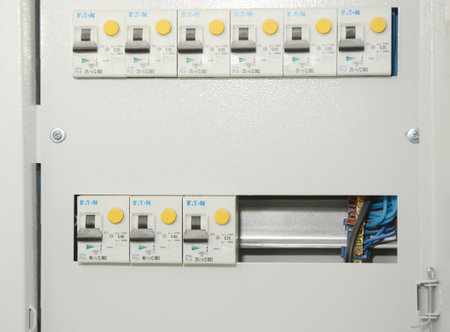 KYIV, UKRAINE - November, 30, 2018: A residual-current device (RCD), or residual-current circuit breaker (RCCB), is a device that instantly breaks an electric circuit to prevent serious harm.のeditorial素材