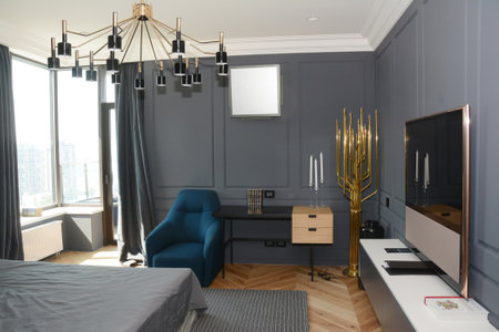 KYIV, UKRAINE - November 23, 2018: Luxury modern , comfortable, contemporary bedroom interior.のeditorial素材