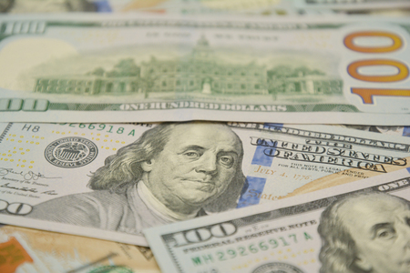 100 Dollars bill and portrait Benjamin Franklin on USA money banknote. One Hundred Dollar Banknotes.の写真素材