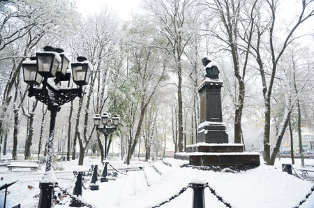 Nizhyn, UKRAINE - November 23, 2020: The first monument to a writer and playwright Mykola Gogol in...