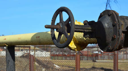 Natural gas pipeline transport. A close-up of natural gas pipeline network with valves.の写真素材