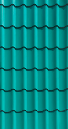 Green metal roofing shingles texture. Green metal roof tile background.