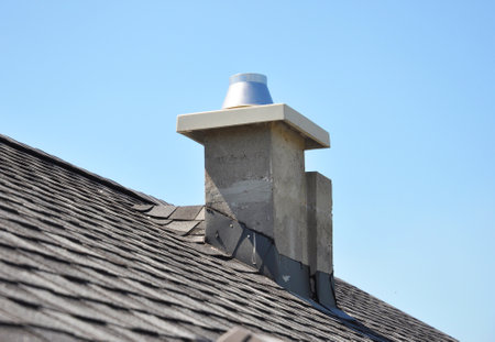 Laying Asphalt Shingles on the house rooftop in modular pumice chimney problem area.の写真素材