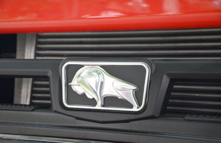 KYIV, UKRAINE - January, 30, 2024: A close-up of MAZ logo, the trademark of Minsk Automobile Plant (MAZ) on the grilles of a truck.のeditorial素材