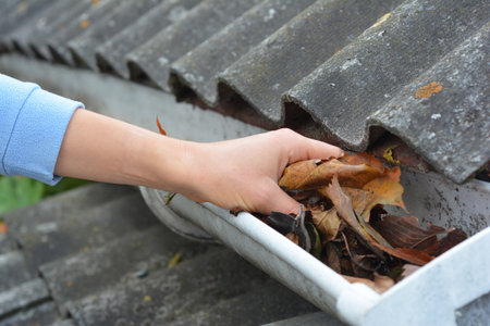 Cleaning the gutter from fallen leaves. Repairman Cleaning Clogged Gutters