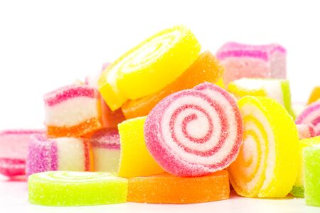 Close-up of colorful candy on white backgroundの写真素材