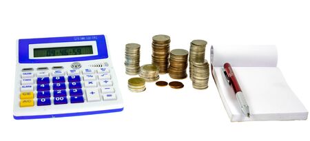 red pen, thai coin, blue calculator and notebook isolated on white backgroundの写真素材
